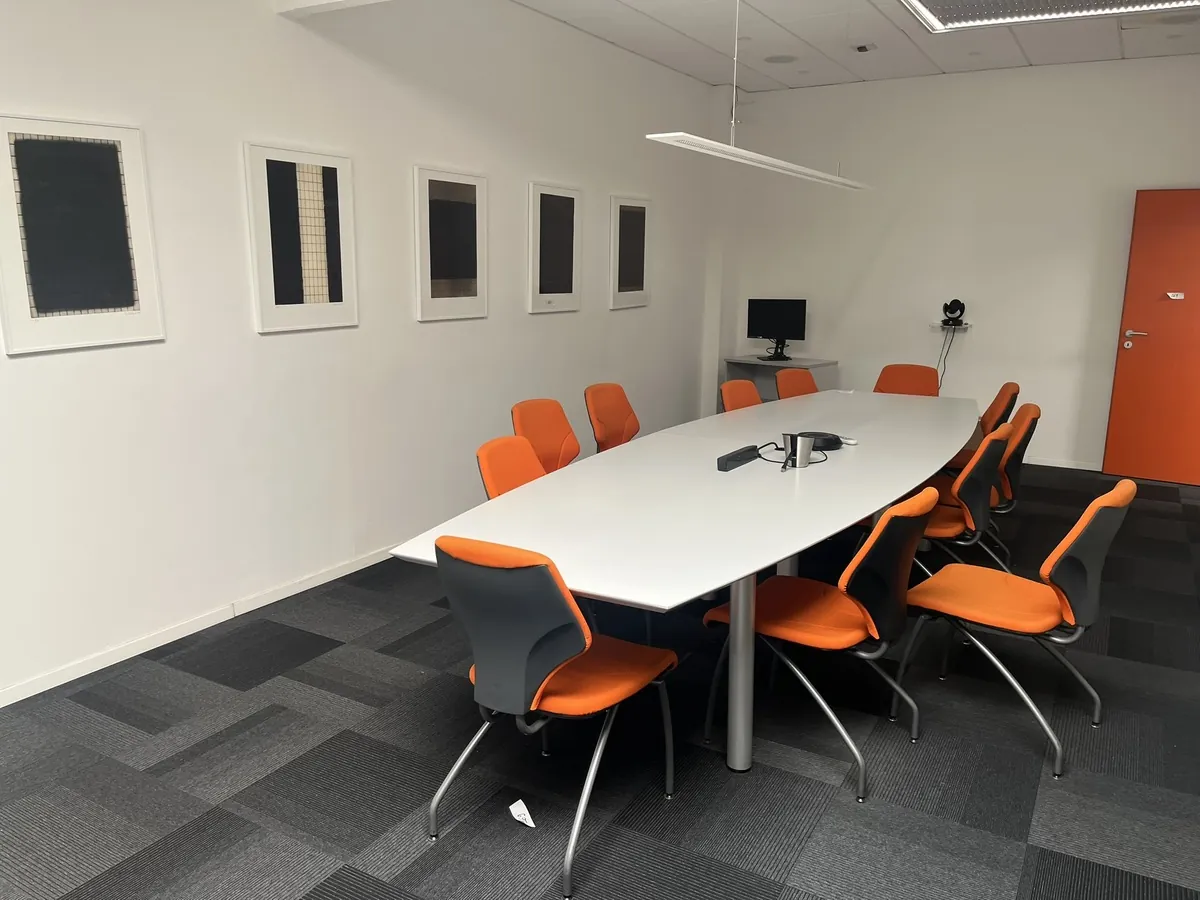 Lot n°269 - Salle de réunion : 1 table, 12 chaises, 7 lithographies, 2 tableaux, 2 canapés (vert) + table basse