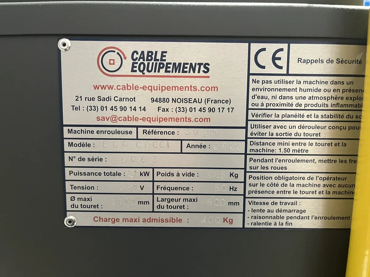 Lot n°76 - Machine enrouleuse de câbles sur touret CABLE EQUIPEMENTS modèle ECO COCCI ref 3050 N° de série 44063 Année 2022 (Site Electis de Lesquin, 264 rue de la Haie Plouvier Commissaires de Justice : SCP ROY LEMOINE GALY 13 rue Haddock - 59 650 Villeneuve d’Ascq)